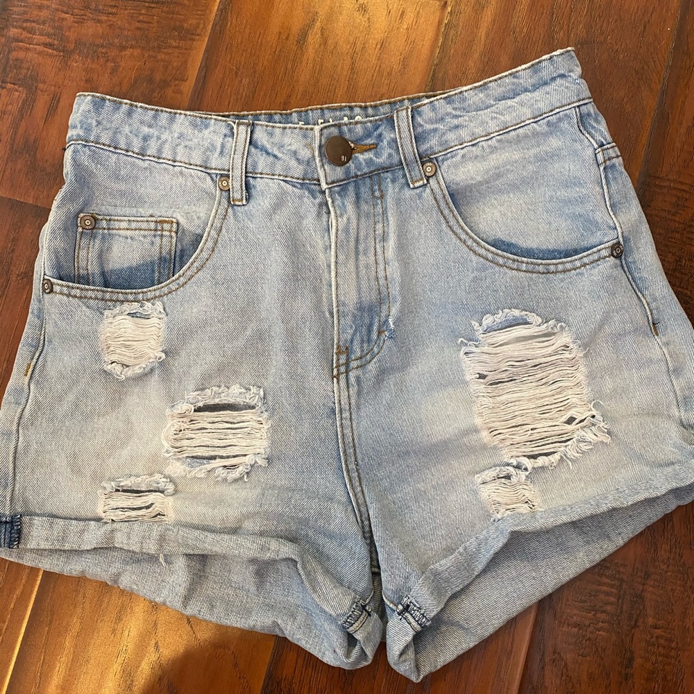 High rise light denim shorts